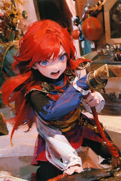 A red-haired girl wields the Heavy Thrusting Swords from within the Elden Ring in a reverse grip.
