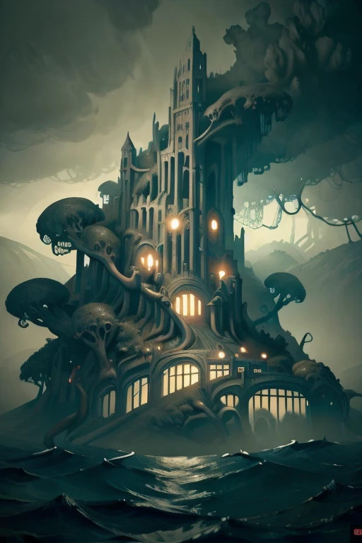 A mystical mysterious island covered in flesh, Island is alive, bubbly island flesh, flesh island, water surrounding the island, mysterious atmosphere,fleshy island, mystical, fantasy, digital art, intricate details, 8k, photorealistic, hyperrealistic, cinematic lighting, dramatic lighting, high quality, intricate details, masterpiece, digital art