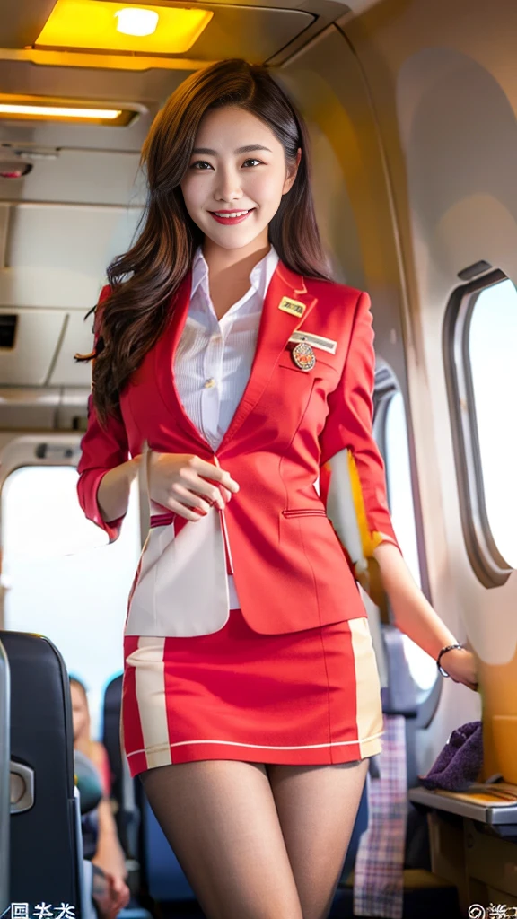 (8k, masterpiece, RAW photo, best quality:1.4), (photo realistic:1.2), professional photograph, well-defined contours, extremely beautiful face, detailed face, stunning face, (extremely beautiful Japanese actress dressed in cabin crew uniform with tight mini skirt, happy smile), (incorporating cool biz elements), (ideal body proportions, full body:1.1), (revealing panty line:1.1), (extreme close-up thighs:1.1), 1 lady, 26 years old, model posing, emphasized beautiful bodyline, elegant vibe, enchanting smile, soothing expression , inside the airplane in flight on the background, optimal lighting and angle