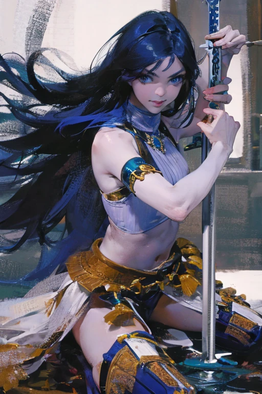 A deep blue-haired girl wields the Heavy Thrusting Swords from within the Elden Ring in a reverse grip.