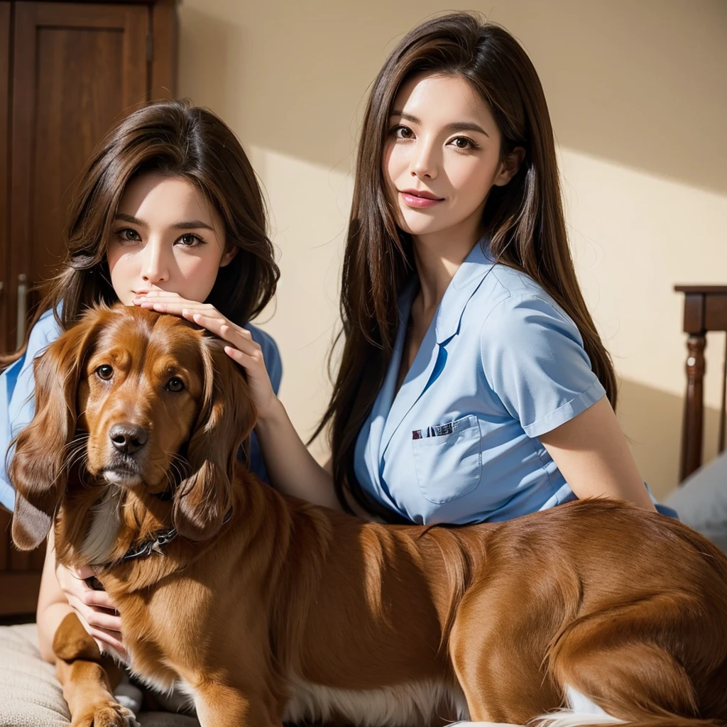 Veterinarian woman with long light brown hair, With the dog