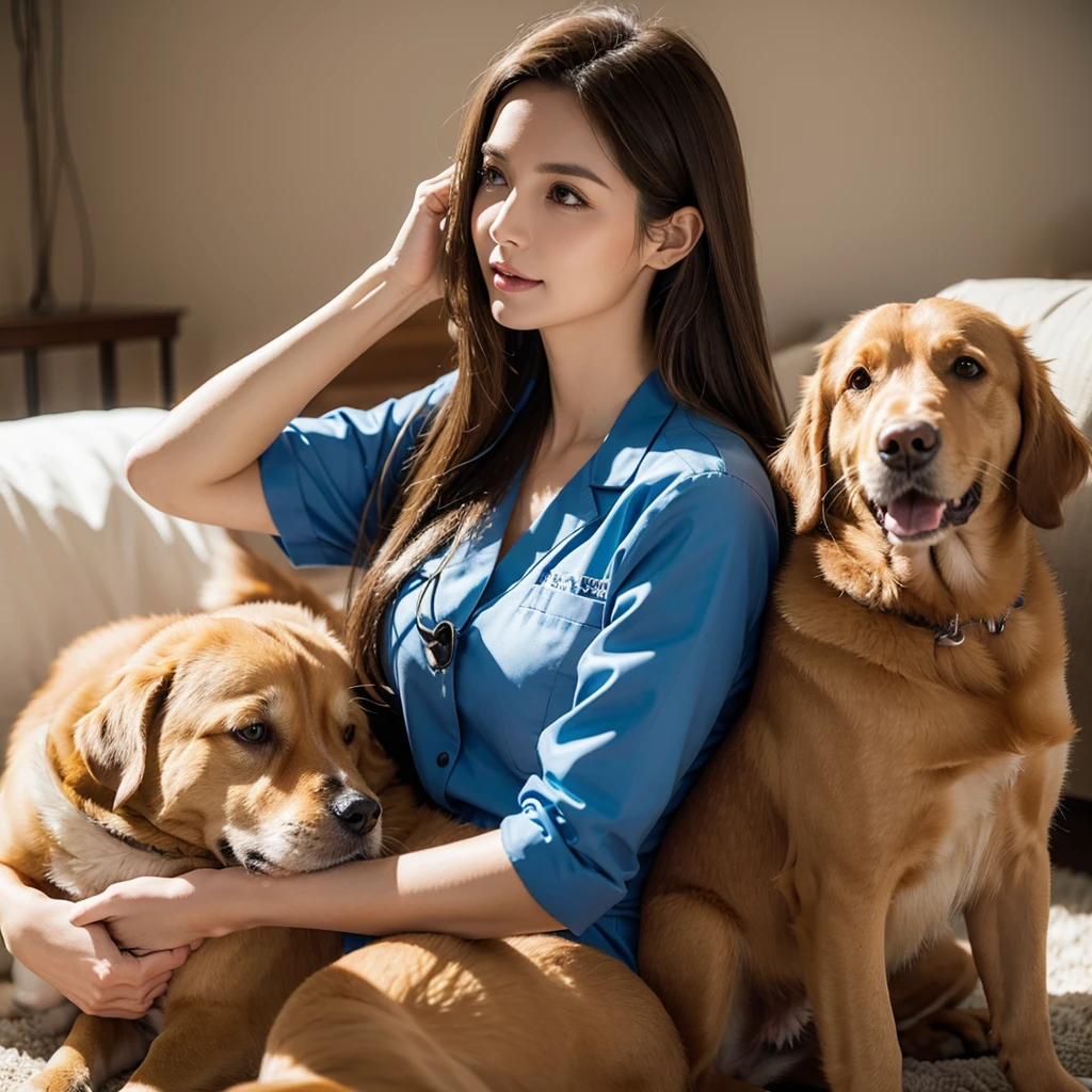 Veterinarian woman with long light brown hair, With the dog