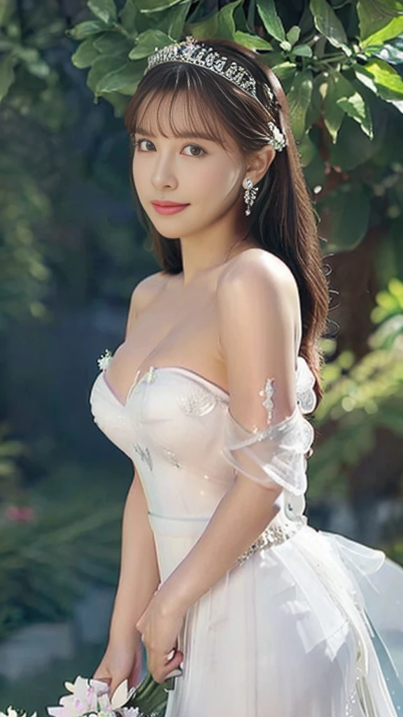 (highest quality, table top:1.2), (realistic:1.3), (Very detailed background, detailed background), bokeh,shot from the side,  ((huge  breasts)), [[valley]],(princess line transparent wedding dress:1.3),(((one shoulder:1.3))), bridal tiara, bridal veil, bridal gauntlet,  Upper body, (Wedding venues near the sea:1.2), smile,ditch，Expose the base of the thighs