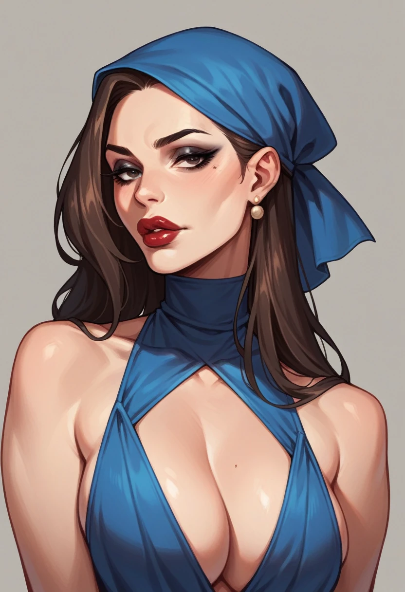 Mature woman, solo, light skin, dark brown long thin hair, makeup, black eyeliner, red big lips, blue dress, blue headscarf