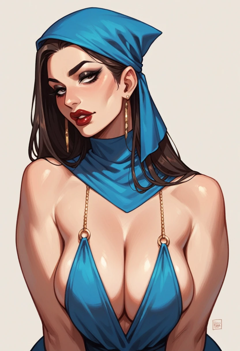 Mature woman, solo, light skin, dark brown long thin hair, makeup, black eyeliner, red big lips, blue dress, blue headscarf