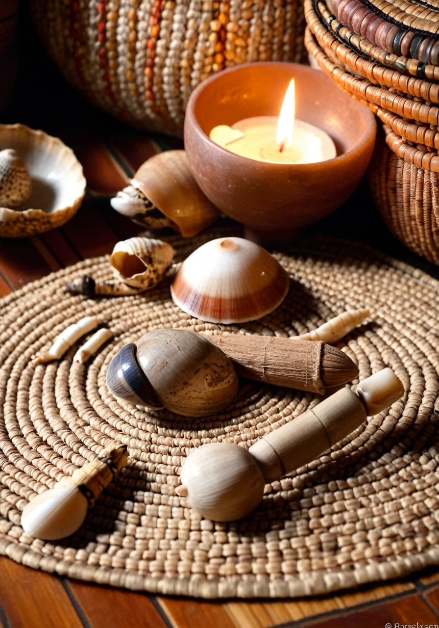 African divination tools like seeds, shells, and bones arranged on a traditional woven mat, soft warm lighting, earthy tones