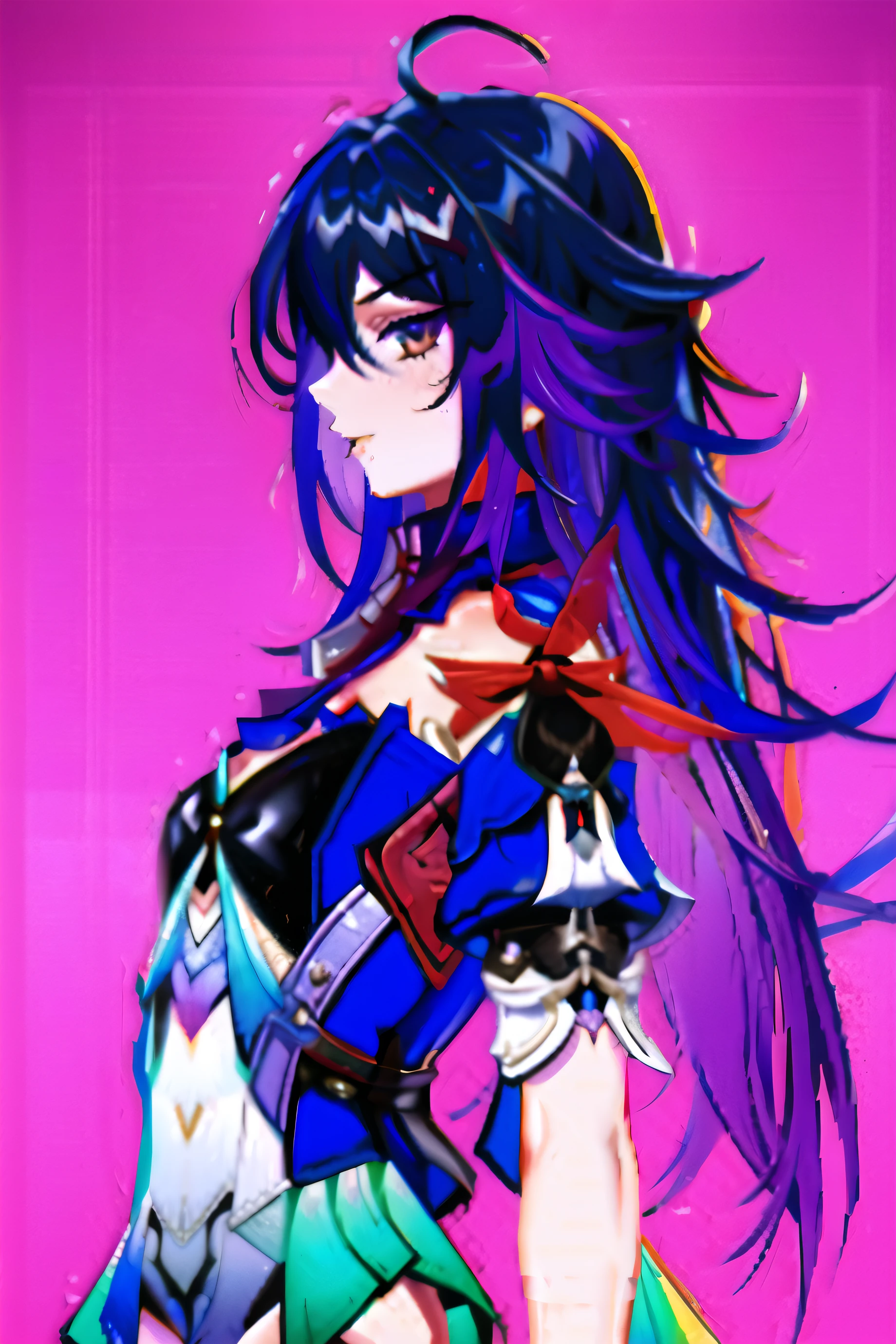 seele hsr, 1girl, long hair, bangs, solo, hair between eyes, looking at viewer, purple hair,(Flat style:1.3),Illustration,Behance,(Muted Colors:1.3), shiny, shiny hair, shiny skin, shiny clothes, solo,red theme,looking at viewer,large breasts,portrait,from side,bad-girl,((mature female))