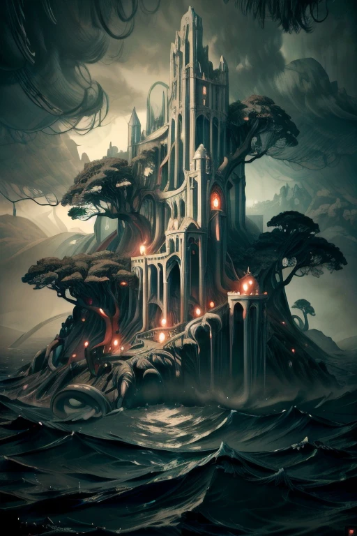 A mystical mysterious island covered in flesh, Island is alive, withering island flesh, flesh island, ocean surrounding the island, mysterious atmosphere,fleshy island, mystical, fantasy, digital art, intricate details, 8k, photorealistic, hyperrealistic, cinematic lighting, dramatic lighting, high quality, intricate details, masterpiece, digital art