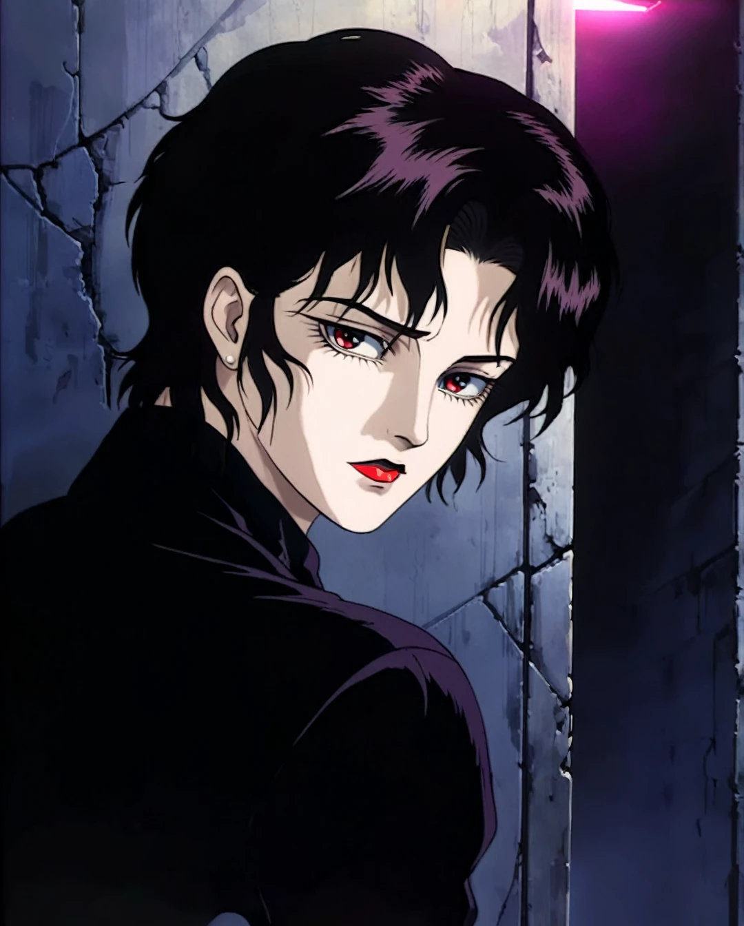 a full-body, high-resolution anime style of a rebellious teenage female goth with short curly black hair, thin face, intense red lips, gothic fashion, inspired by the works of Yoshiaki Kawajiri, vibrant and edgy, with dramatic lighting and dynamic composition, BREAK, Art style by Yoshiaki Kawajiri and Tsukasa Hojo and Toshihiro Kawamoto - -intricately detailed face - -80s and 90s anime still - -1980s retro anime - -1980s and 1990s anime retro nostalgia -highly detailed profile BREAK, ARISTYLE4, Soft Pastel -depth of field, Cinematic Angles, Dynamic angles, (((masterpiece))), perfect face, ((full body shot)),