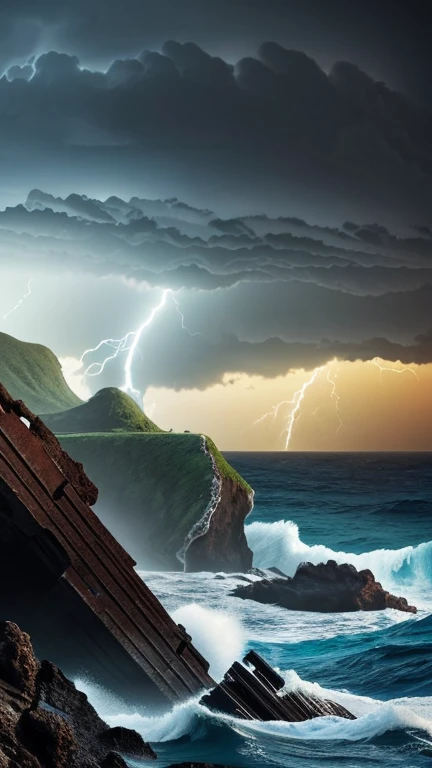 Hyper-realistic digital painting of a mysterious island during a violent storm. Dark clouds swirl above, and lightning illuminates the jagged cliffs and rocky shore. Waves crash against the rocks, and the remains of a shipwreck are visible, partially submerged in the churning sea. The island itself is covered in dense jungle, with ancient, weathered ruins hinting at a long-lost civilization. The atmosphere is intense and dramatic, capturing the power and mystery of the island. Cinematic composition, trending on ArtStation.