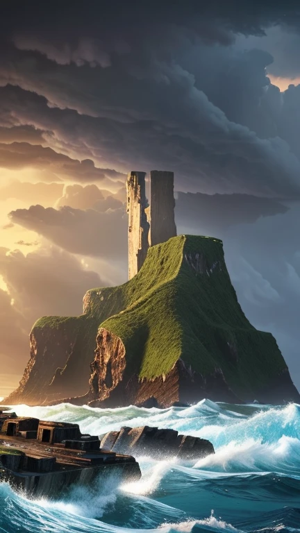 Hyper-realistic digital painting of a mysterious island during a violent storm. Dark clouds swirl above, and lightning illuminates the jagged cliffs and rocky shore. Waves crash against the rocks, and the remains of a shipwreck are visible, partially submerged in the churning sea. The island itself is covered in dense jungle, with ancient, weathered ruins hinting at a long-lost civilization. The atmosphere is intense and dramatic, capturing the power and mystery of the island. Cinematic composition, trending on ArtStation.