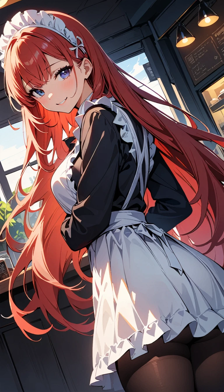 (high quality, 8 K, 4K, high contrast, masterpiece:1.2, 最high quality, best aesthetics), beauty, maid, Very detailed, Seductive and erotic girl in a lace headdress, smile, (Red hair, Super long straight hair), focus on the face, focus on the face, compound eyes, tights, 40デニールの黒tights, coffee shop, low angle shot, Dynamic angle,