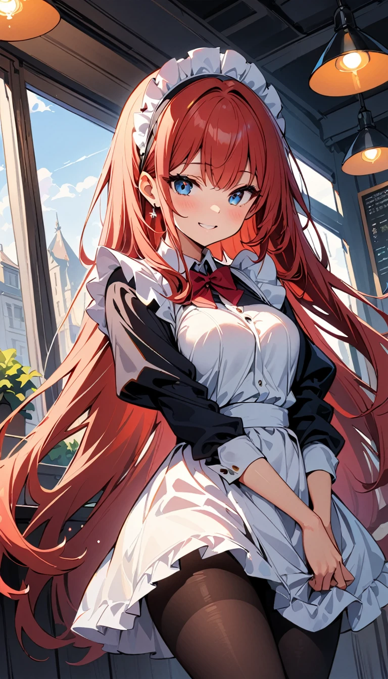 (high quality, 8 K, 4K, high contrast, masterpiece:1.2, 最high quality, best aesthetics), beauty, maid, Very detailed, Seductive and erotic girl in a lace headdress, smile, (Red hair, Super long straight hair), focus on the face, focus on the face, compound eyes, tights, 40デニールの黒tights, coffee shop, low angle shot, Dynamic angle,