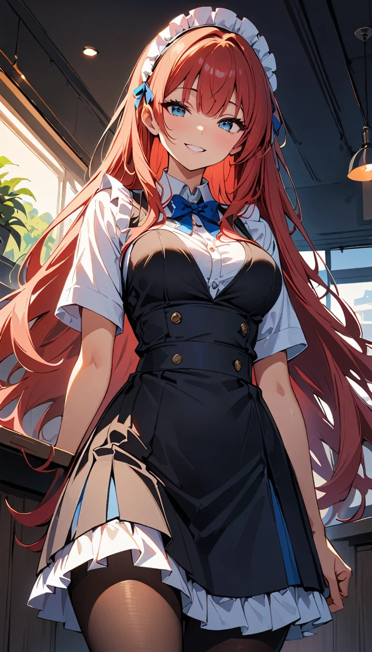 (high quality, 8 K, 4K, high contrast, masterpiece:1.2, 最high quality, best aesthetics), beauty, maid, Very detailed, Seductive and erotic girl in a lace headdress, smile, (Red hair, Super long straight hair), focus on the face, focus on the face, compound eyes, tights, 40デニールの黒tights, coffee shop, low angle shot, Dynamic angle,
