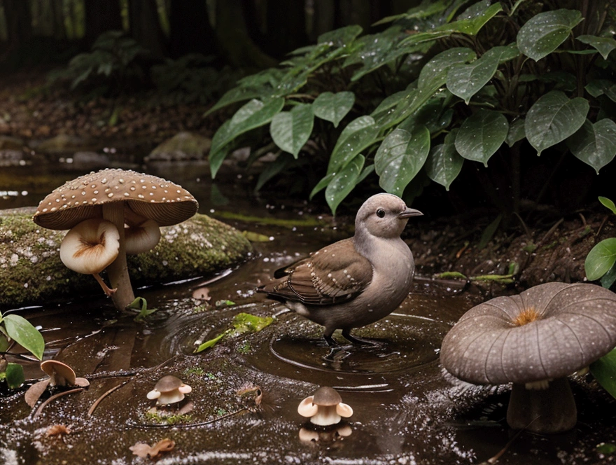 Masterpiece, macro photo of a bird drinking water in the forest, dusk, mushrooms, dewdrops, high contrast, Studio Ghibli style, highly complex, highly detailed, photorealistic style