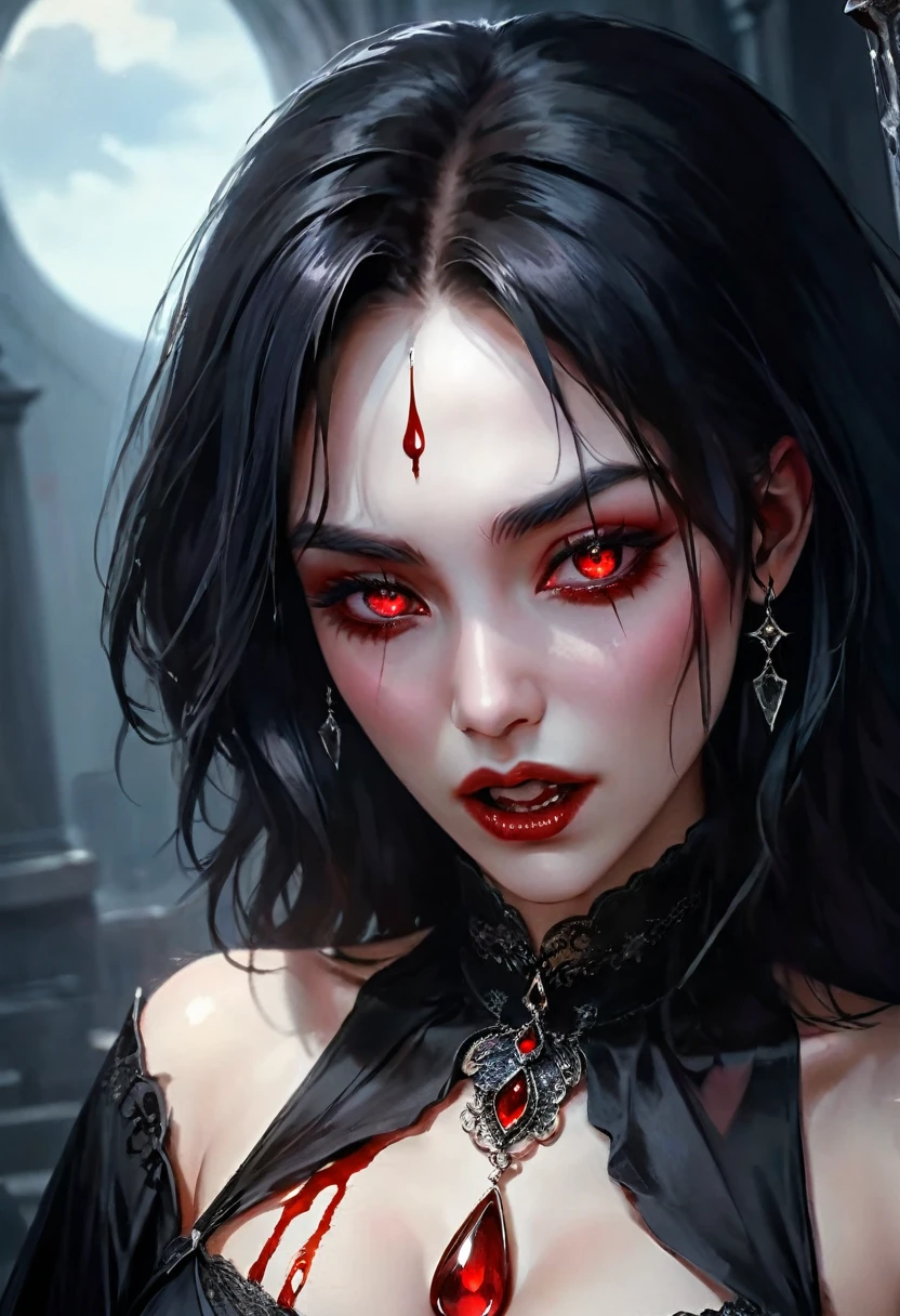 a portrait of vampire with a bloody tear coming down from the eye, an exotic beautiful female vampire, black hair color, dynamic hair style, ultra detailed face, best detailed face, silver eye color, ((ingle red teardrop, teardrop made of blood coming down from the eye: 1.3)), small clwearing two black diamond earrings, Ultra-high resolution, High Contrast, (masterpiece:1.5), highest quality, Best aesthetics), 16K fantasy art, best details, best quality, highres, (ultra wide angle: 1.2), 16k, [ultra detailed], masterpiece, best quality, (extremely detailed), ladyshadow, magical sky, crying style, vampire teeth, goth person