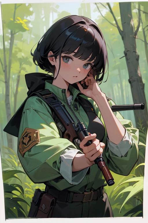 masterpiece,best quality,super detailed,super fine illustration,8k,pov, Break perfect shootgun,detailed shootgun,Break perfect hands,Break background in forest,detailed background,Break she is holding a shootgun.