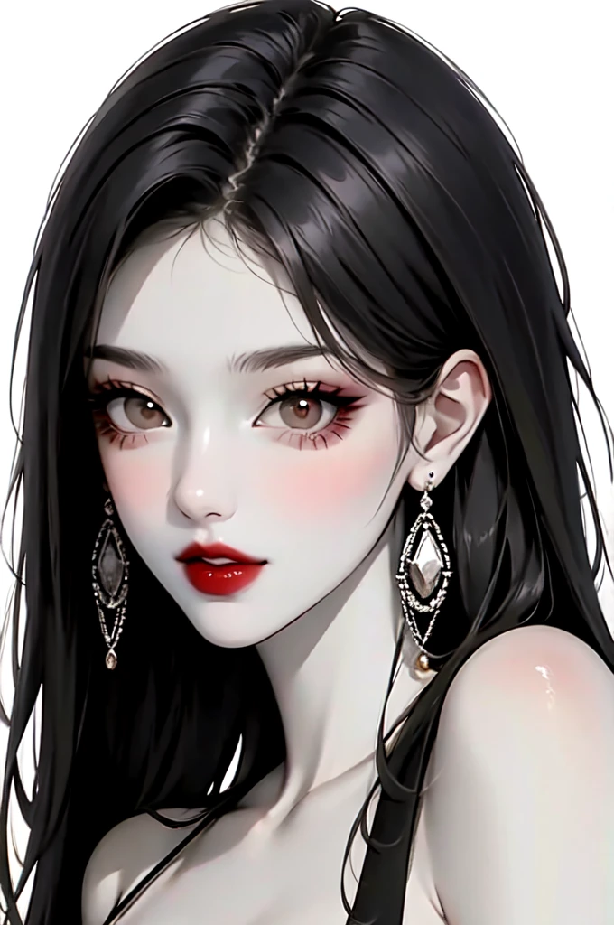 1 girl from the front, looking at the viewer, alone, has, lipstick, red lips, long hair, dress, make up, monochrome, White background, earrings, neck, Upper part of the body, direct color, hair over the shoulder,Dark theme,bright,bright skin,milf,(young woman:1.2), 