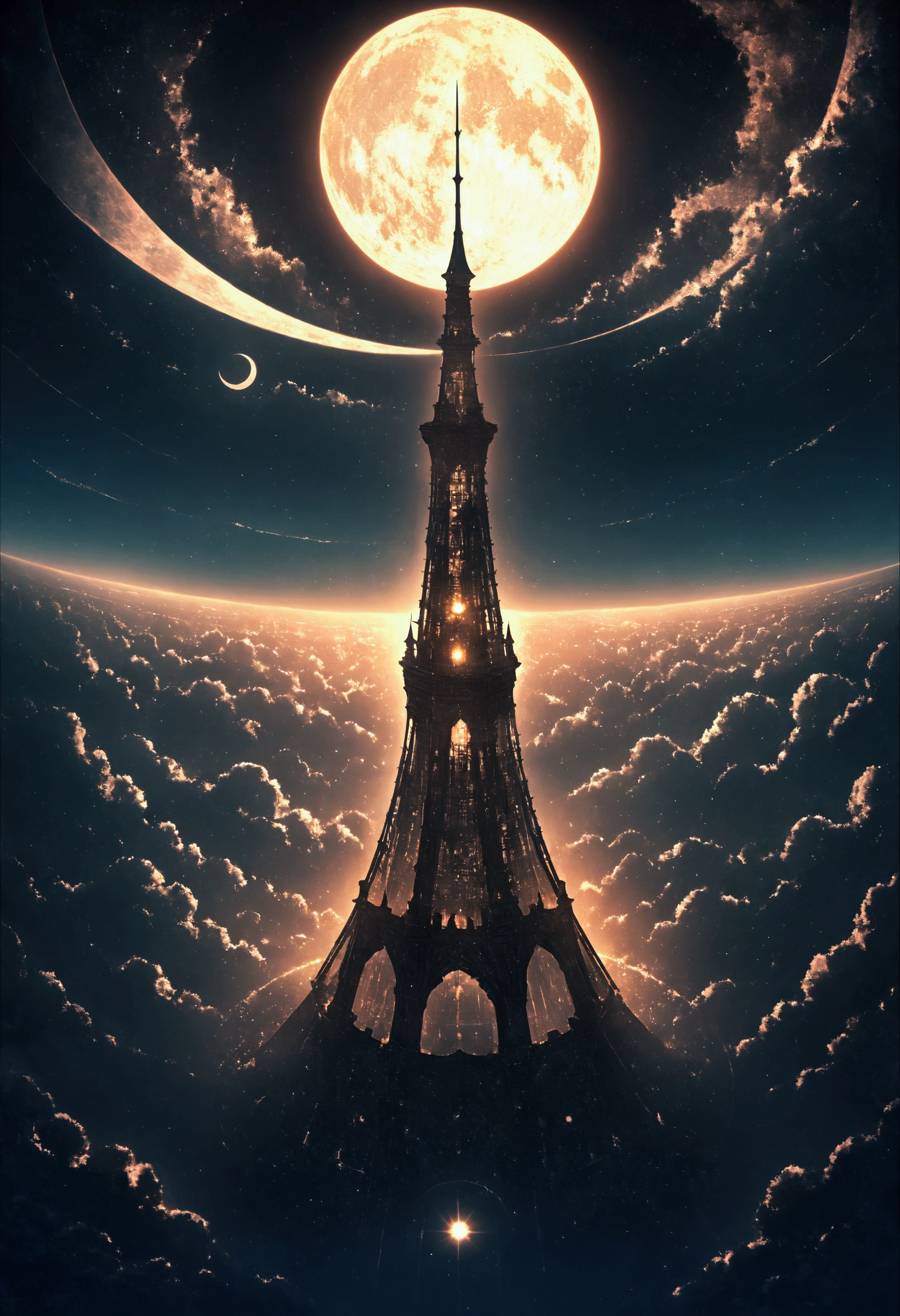 tower to the sky ,fractal,dark, sun moon, aerial view, overhead plane