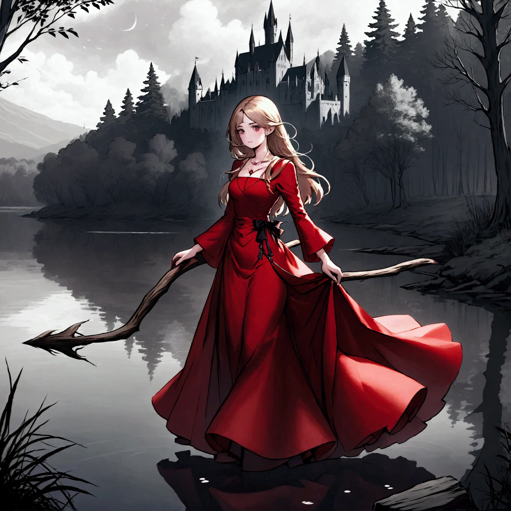 (best quality, 8k, masterpiece) A beautiful young witch，Wearing a red dress（European medieval style，Gothic style），Walking alone by the lake in the woods。Line drawing style，Suspenseful dark style。