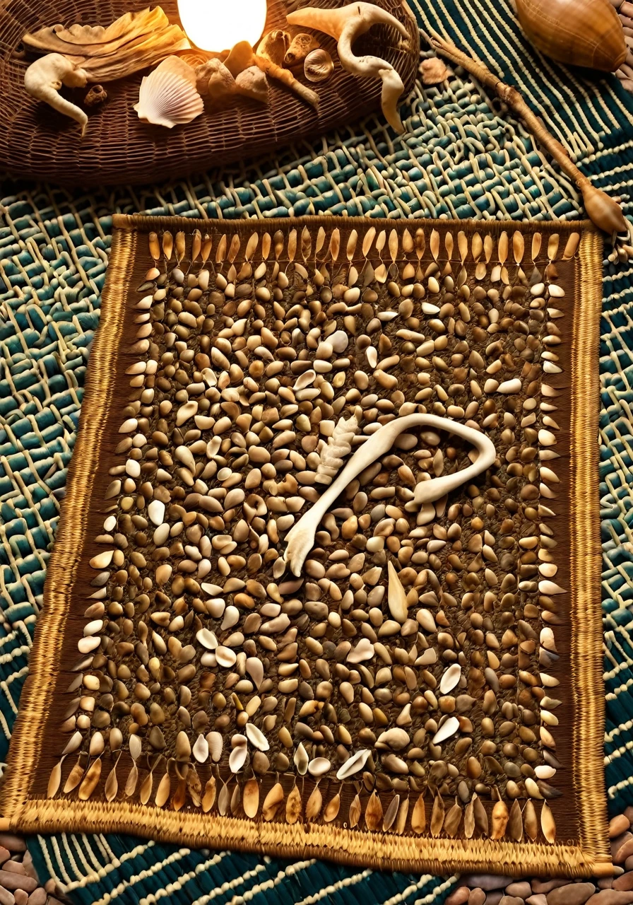 African divination tools like seeds, shells, and bones arranged on a traditional woven mat, soft warm lighting, earthy tones