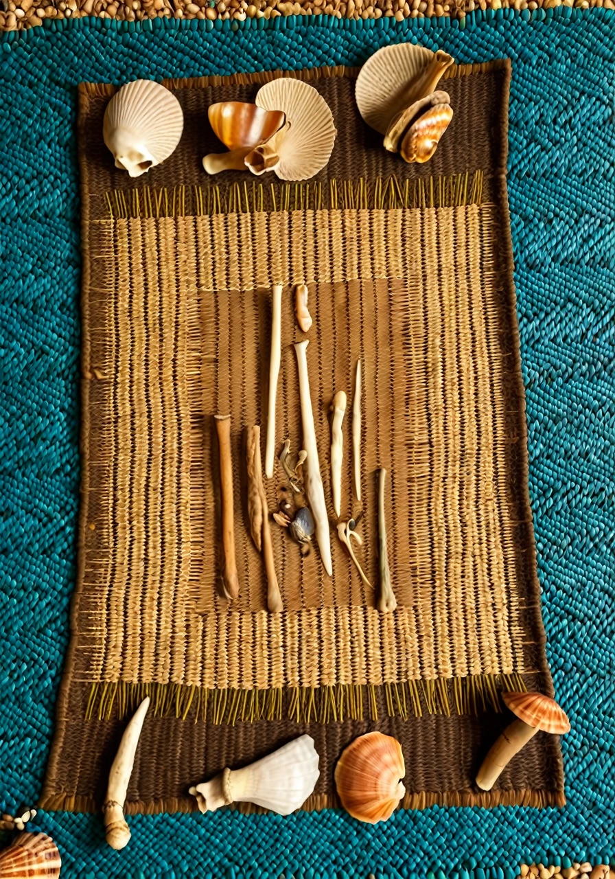 African divination tools like seeds, shells, and bones arranged on a traditional woven mat, soft warm lighting, earthy tones