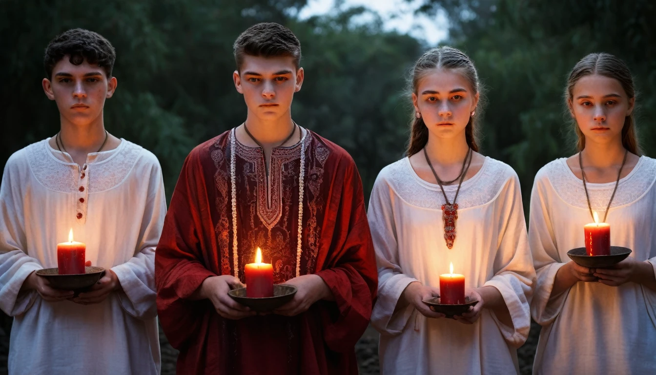 three 18 year old teenagers dressed in tunics, candles, sacrificing animals with blood, clear and ultra realistic image