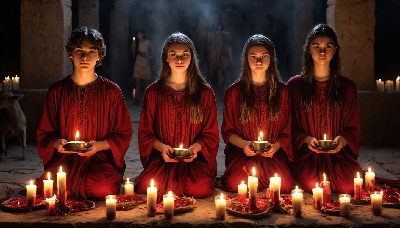 three 18 year old teenagers dressed in tunics, candles, sacrificing animals with blood, clear and ultra realistic image