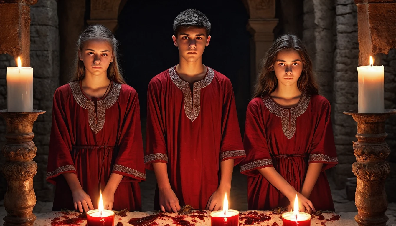 three 18 year old agers dressed in tunics, candles, sacrificing animals with blood, clear and ultra realistic image