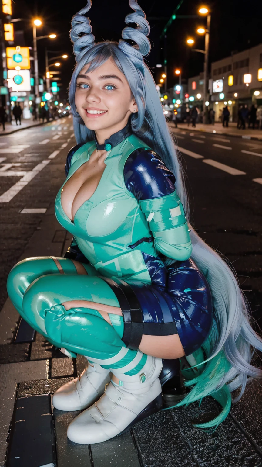 Masterpiece, Best quality, (photorealistic1.4), (UHD), (big breast), (flashphoto), (flash photography), (cleavage), (European model), (young woman), (JenniferConnelly90), (Tokyo Street), (epiCRealLife:1.0), (night time), (Nejire latex bodysuit), 1girl, solo, long hair, blue eyes, (blue hair), (hair bangs), (drill hair, twin drills), (Nejire Hairstyle), hair horns, very long hair , light blue hair, (Nejire Yellow gloves), (look at viewers), (Nejire light smile), (squat poses)