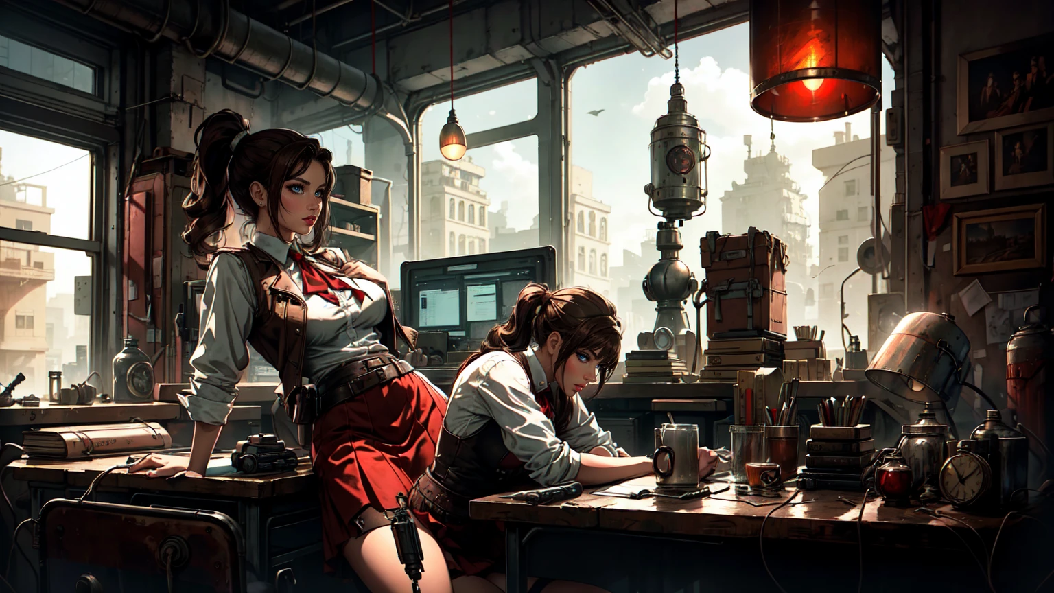 
Women, Brown Hair, Brown Long Ponytail, bronw eyes, red Vest, white shirt, Red lon skirt, sits at the desk, in a Room,Dieselpunk Design