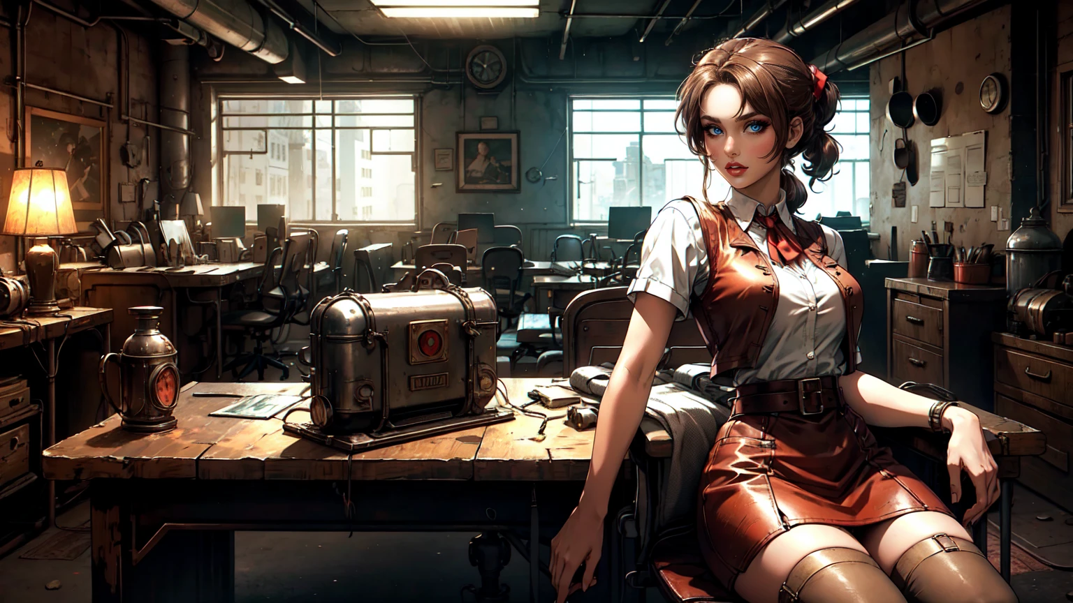 
Women, Brown Hair, Brown Long Ponytail, bronw eyes, red Vest, white shirt, Red lon skirt, sits at the desk, in a Room,Dieselpunk Design