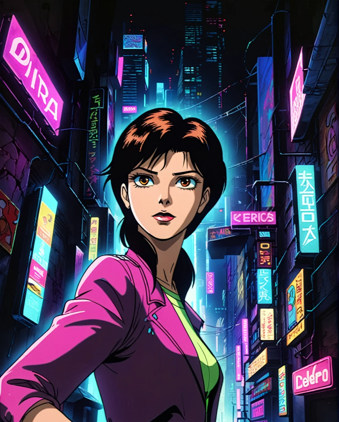 In a gritty cyberpunk metropolis, Dora the Explorer morphs into a stunning digital painting, bathed in neon hues and high-contrast lighting. Her portrait, akin to Henriette Kaarina Amelia von Buttlar's realistic artwork, exudes fashion sense and tenacity. Framed by towering skyscrapers and holographic advertisements, Dora's striking visage dominates the composition, her eyes gleaming like LED lights in a darkened alleyway. Amidst this dystopian landscape, her pose screams defiance, as if ready to conquer the virtual realm with nothing but a backpack full of digital gadgets.