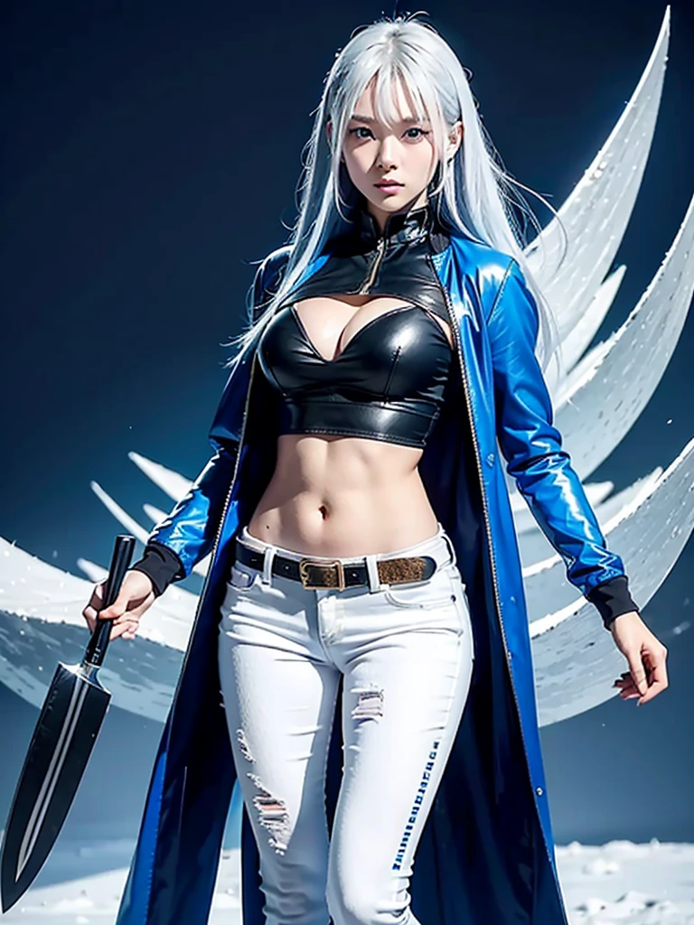 Asian，woman，25 years old，The appearance is overwhelming，Long white blue hair，Blue Eyes，Height 1.75 meters，Weight 54 kg，Golden ratio figure，The upper body is wearing a close-fitting blue Chinese sexy bellyband and a blue long-sleeved tactical jacket，Wearing black skinny jeans and tactical shoes，A Tang knife hangs from his waist，Cold personality，Surrounded by ice crystals