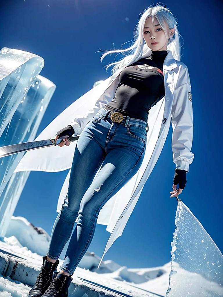 Asian，woman，25 years old，The appearance is overwhelming，Long white blue hair，Blue Eyes，Height 1.75 meters，Weight 54 kg，Golden ratio figure，The upper body is wearing a close-fitting blue Chinese sexy bellyband and a blue long-sleeved tactical jacket，Wearing black skinny jeans and tactical shoes，A Tang knife hangs from his waist，Cold personality，Surrounded by ice crystals