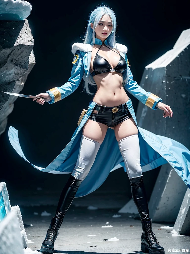 Asian，woman，25 years old，The appearance is overwhelming，Long white blue hair，Blue Eyes，Height 1.75 meters，Weight 54 kg，Golden ratio figure，The upper body is wearing a close-fitting blue Chinese sexy bellyband and a blue long-sleeved tactical jacket，Wearing black skinny jeans and tactical shoes，A Tang knife hangs from his waist，Cold personality，Surrounded by ice crystals