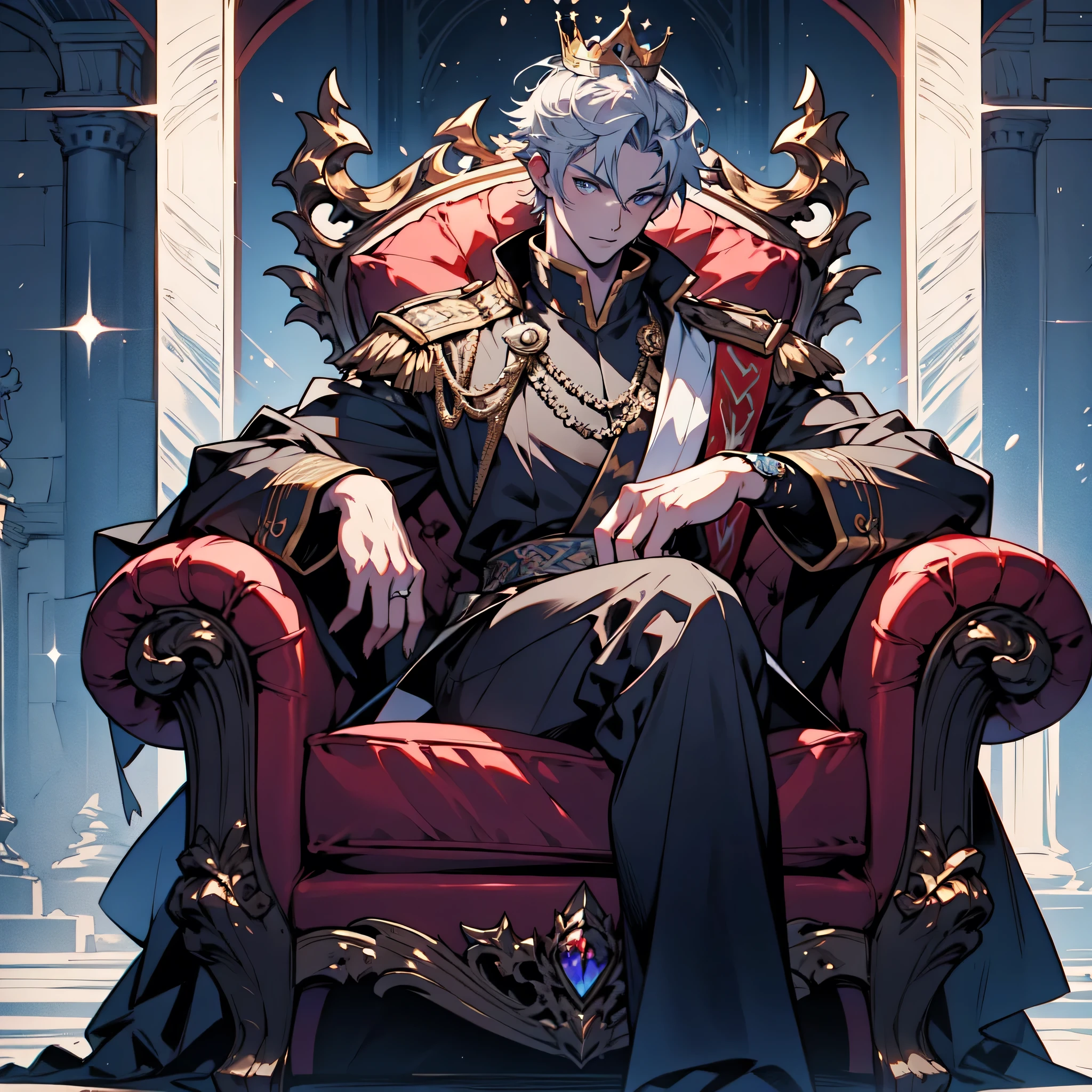 whole body,anime - style drawing of a man in a crown sitting on a red couch, On the cold throne, 2D Art, 2D Art, Sitting on his throne, High-quality fanart, beautiful androgynous prince, Sitting on his throne, Sitting on his throne, Wearing a light grey crown, on a throne of gemstones, Blue skin, in a crown