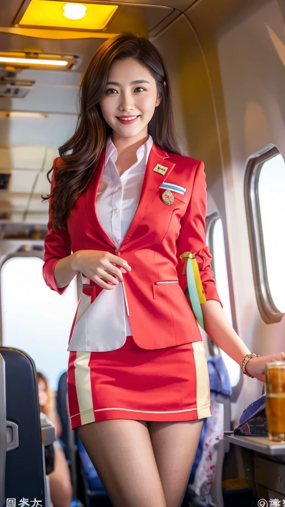 (8k, masterpiece, RAW photo, best quality:1.4), (photo realistic:1.2), professional photograph, well-defined contours, extremely beautiful face, detailed face, stunning face, (extremely beautiful Japanese actress dressed in cabin crew uniform with tight mini skirt, happy smile), (incorporating cool biz elements), (ideal body proportions, full body:1.1), (revealing panty line:1.1), (extreme close-up thighs:1.1), 1 lady, 26 years old, model posing, emphasized beautiful bodyline, elegant vibe, enchanting smile, soothing expression , inside the airplane in flight on the background, optimal lighting and angle