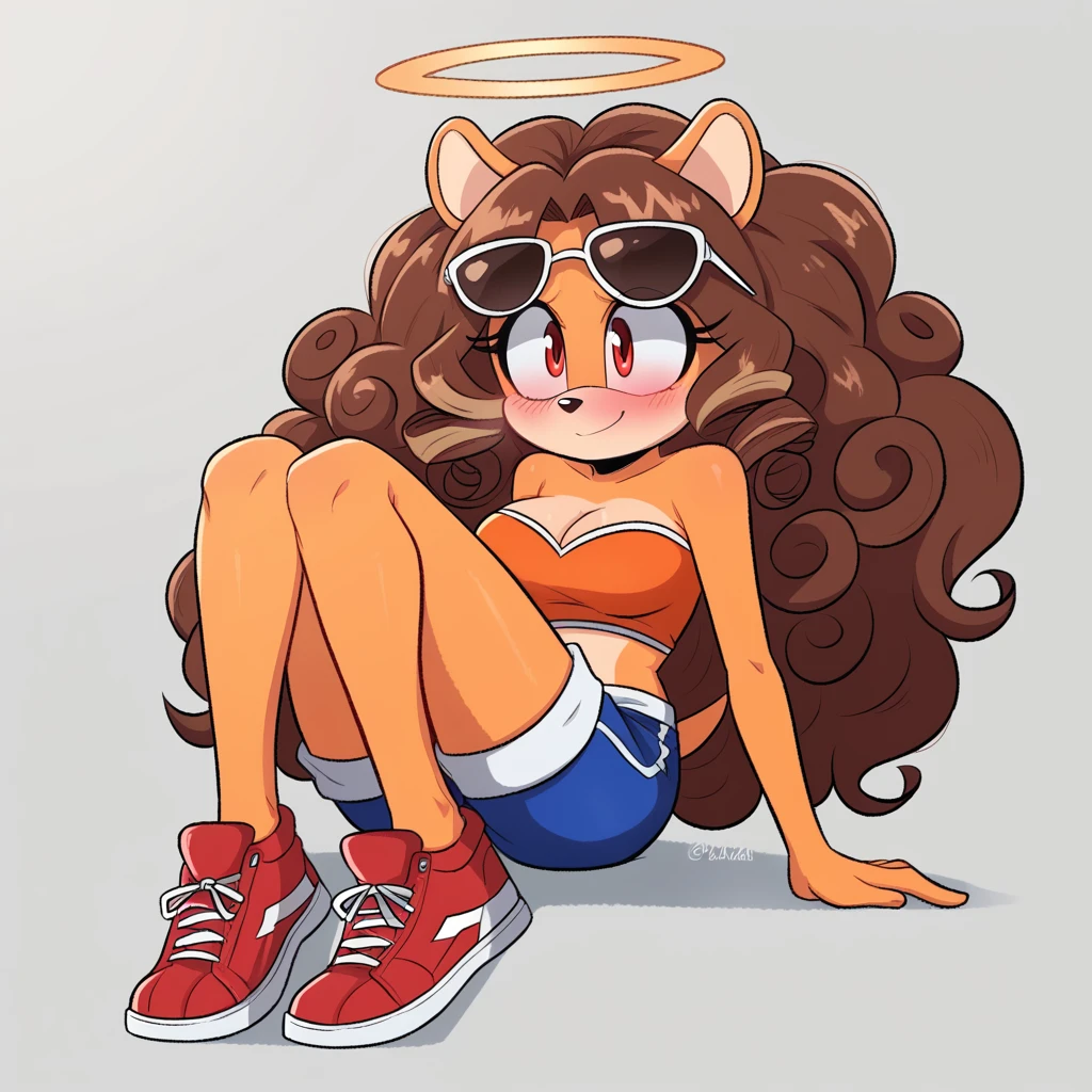 score_9, score_8_up, solo, mobian, hedgehog, two-tone fur ((orange fur, brown fur)), pyjama elastic shorts, strapless crop top, cleavage, high-top sneakers, two-tone hair (brown hair, black tip)), curly hair, halo, sunglasses, jewelry, red eyes, longeyelashes, red eyes, smile, shy, blush