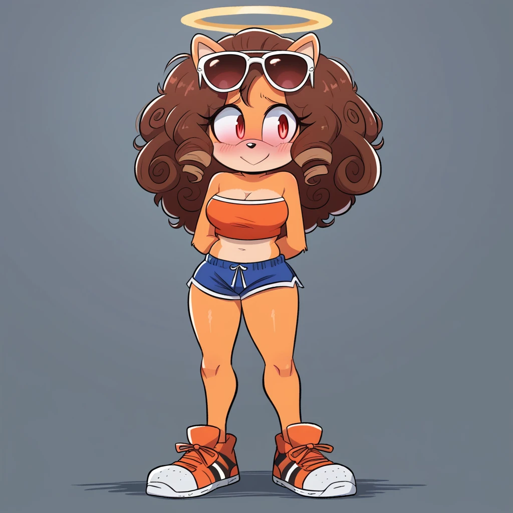 score_9, score_8_up, solo, mobian, hedgehog, two-tone fur ((orange fur, brown fur)), pyjama elastic shorts, strapless crop top, cleavage, high-top sneakers, two-tone hair (brown hair, black tip)), curly hair, halo, sunglasses, jewelry, red eyes, longeyelashes, red eyes, smile, shy, blush