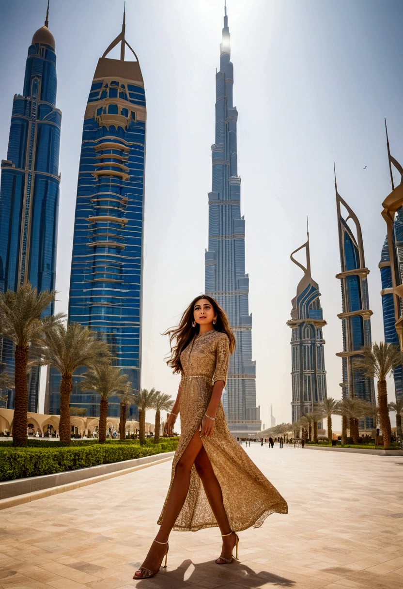 
With the iconic Burj Khalifa towering in the background, a stunning young woman of Latin descent with long, tousled brown hair and a confident stride explores the bustling city of Dubai, her adventurous spirit and alluring charm making her stand out in the crowd.