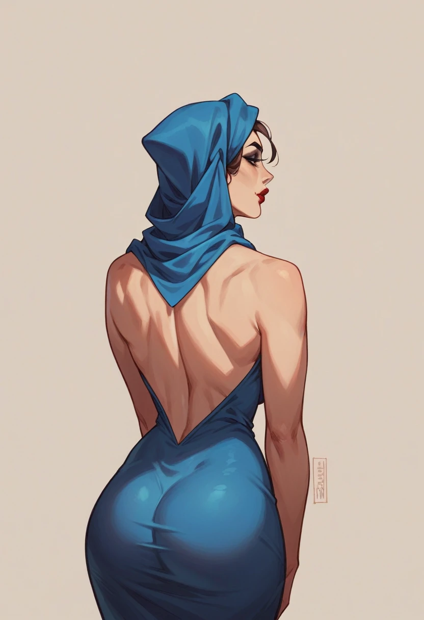 Mature woman, solo, light skin, dark brown long thin hair, makeup, black eyeliner, red big lips, blue dress, blue headscarf, back view, ass