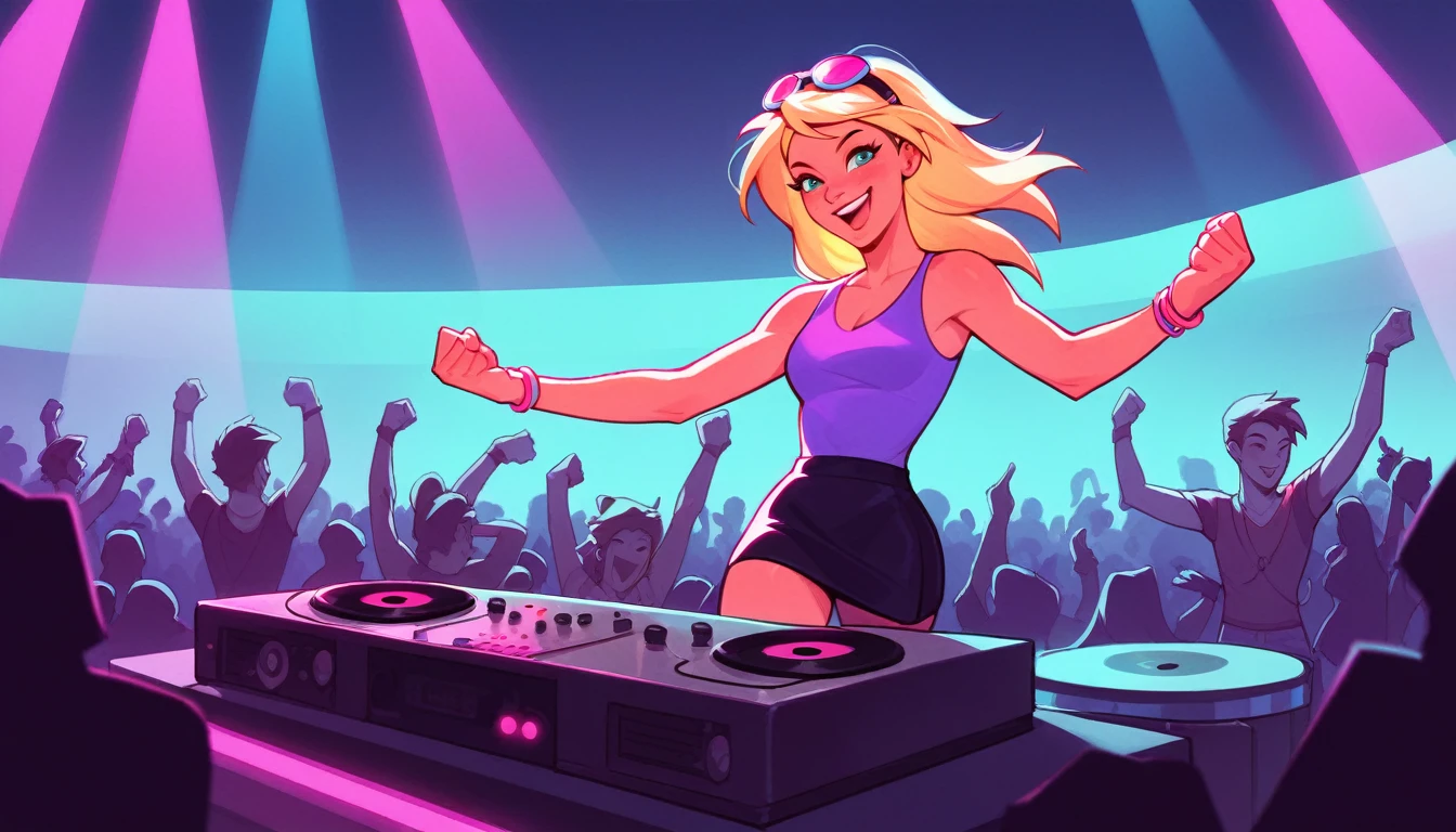 (headphone:1.2), Female DJ, Lively, Confident, atmosphere, Turntable, Auricular, In a very short dress, Bright colors, Neon Light, Smoke effect, Dancing crowd, Put your hands up, stage, Mix music, Powerful expression, Happy smile, Bass Drop, techno music, Club atmosphere, Laser light, strobe, Landscape Light, Dynamic pose, Raise your fist, Proficient DJ skills