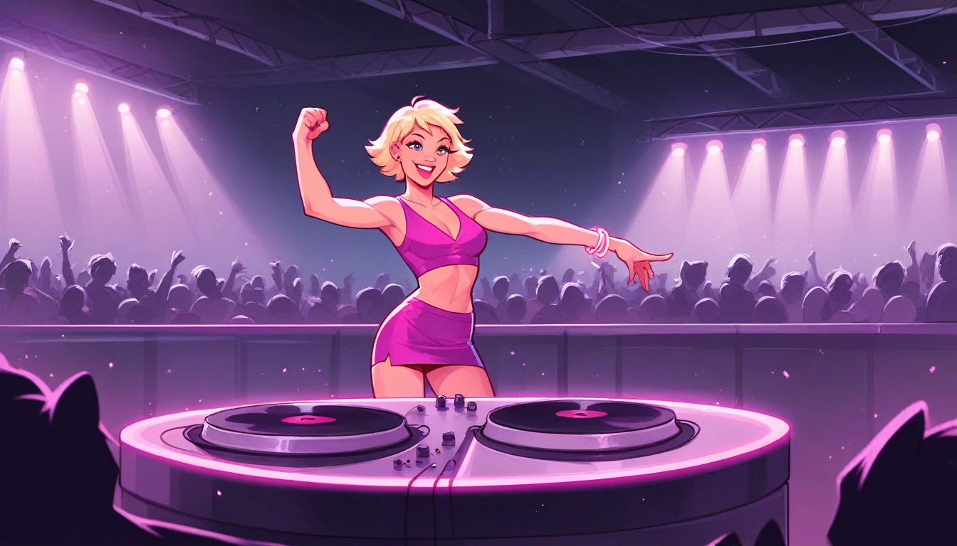 (headphone:1.2), Female DJ, Lively, Confident,  atmosphere, Turntable, Auricular, In a very short dress, Bright colors, Neon Light, Smoke effect, Dancing crowd, Put your hands up, stage, Mix music, Powerful expression, Happy smile, Bass Drop, techno music, Club atmosphere, Laser light, strobe, Landscape Light, Dynamic pose, Raise your fist, Proficient DJ skills