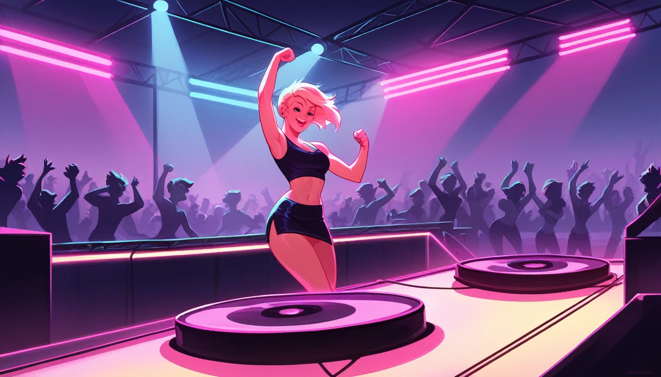 (headphone:1.2), Female DJ, Lively, Confident, atmosphere, Turntable, Auricular, In a very short dress, Bright colors, Neon Light, Smoke effect, Dancing crowd, Put your hands up, stage, Mix music, Powerful expression, Happy smile, Bass Drop, techno music, Club atmosphere, Laser light, strobe, Landscape Light, Dynamic pose, Raise your fist, Proficient DJ skills
