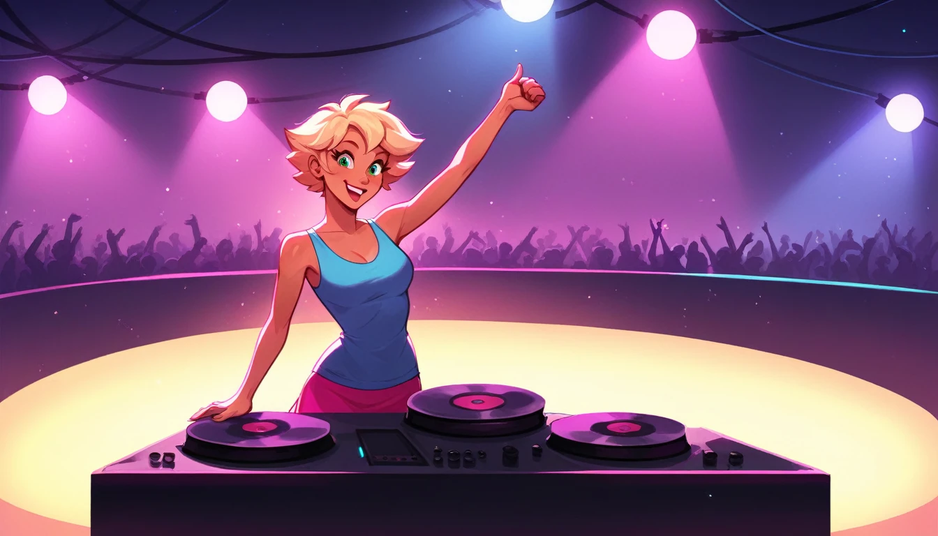 (headphone:1.2), Female DJ, Lively, Confident, atmosphere, Turntable, Auricular, In a very short dress, Bright colors, Neon Light, Smoke effect, Dancing crowd, Put your hands up, stage, Mix music, Powerful expression, Happy smile, Bass Drop, techno music, Club atmosphere, Laser light, strobe, Landscape Light, Dynamic pose, Raise your fist, Proficient DJ skills