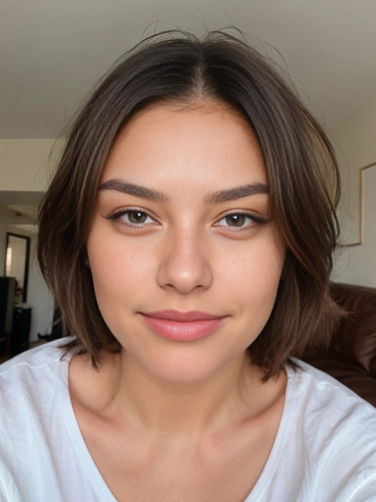 A beautiful girl, face detail, brown eyes, almond eye shape, close up face, caucasian type, innocent gaze, big lips, heart faceshape, fine nose, standing in a living room, very detailed, naturally wavy brown hair, high quality, small wrinkles, 4k, extremely detailed, small dark circles, mole on the face, imperfections, medium arch eyebrows shape, thick eyebrow, black eyebrow, smile line
