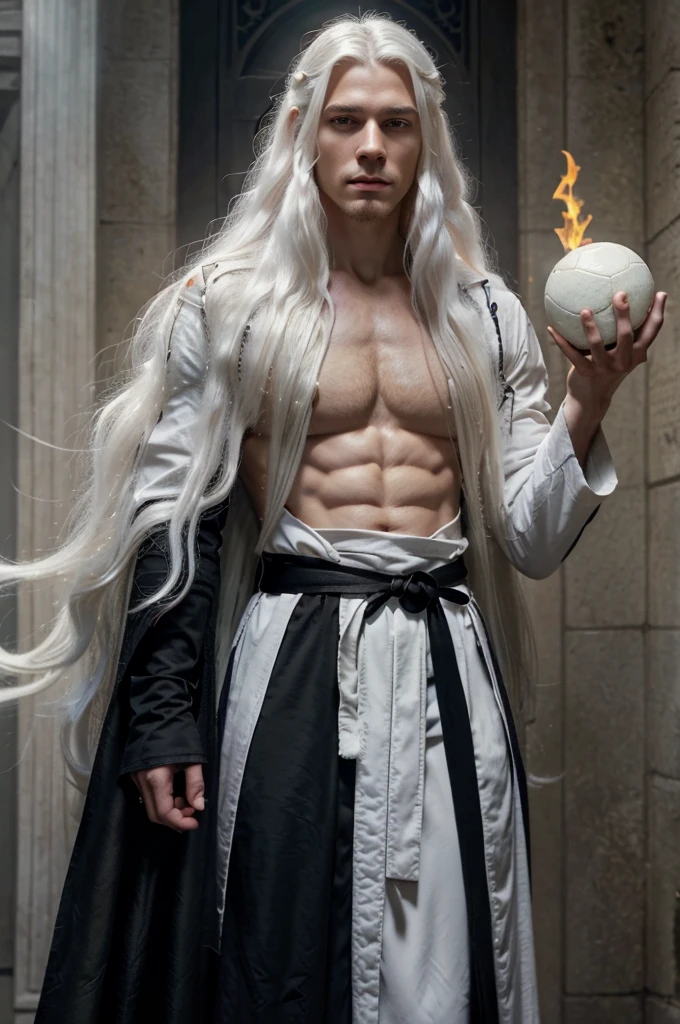 a man with long white hair holding a ball in his hand, a character portrait inspired by Sigurd Swane, tumblr, fantasy art, white haired deity, beautiful male god of death, noble elf male in black robes, with long white hair, an angel of the dawn light, with white long hair, full - body majestic angel, male with halo, holy flame spell
