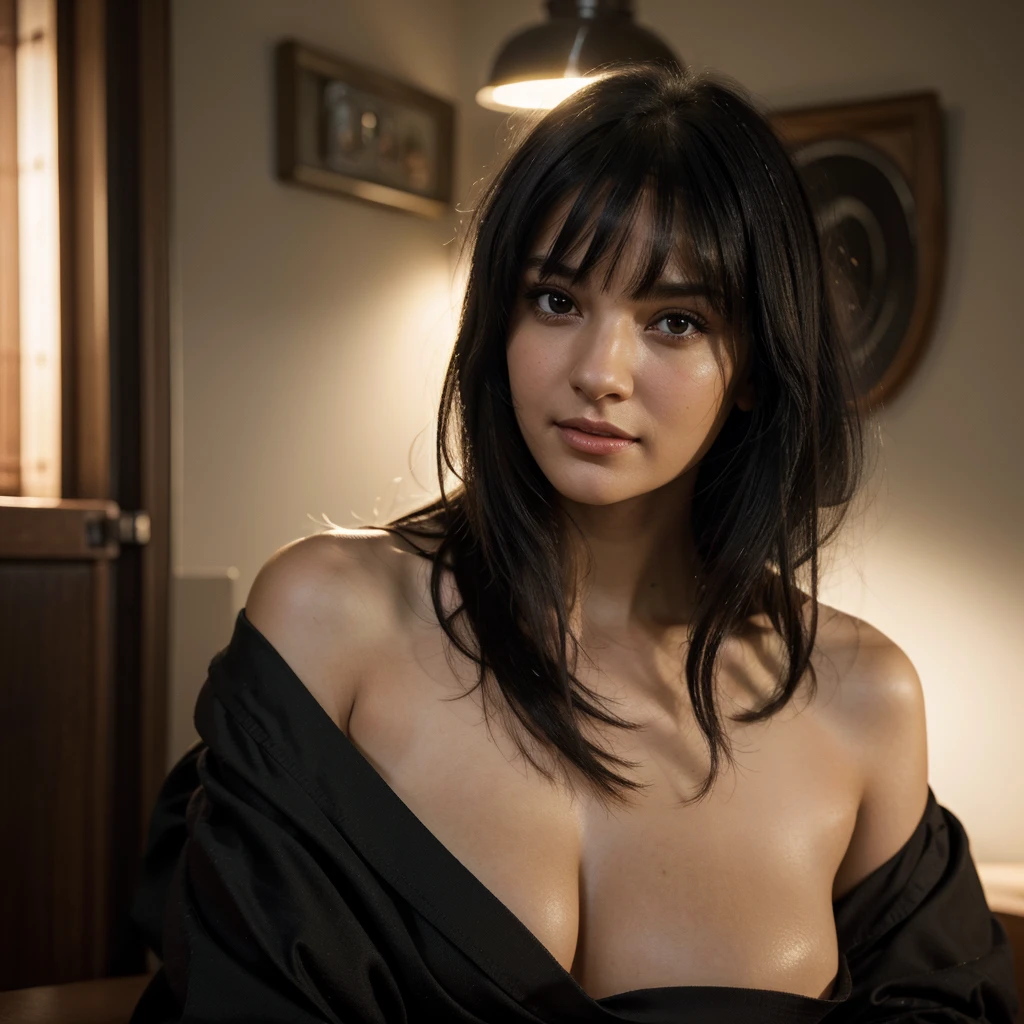 Best quality, masterpiece, ultra high res, (photorealistic:1.4), raw photo, 1 girl, (((happy)))jet black hair, bangs, off shoulder, cinematic lighting