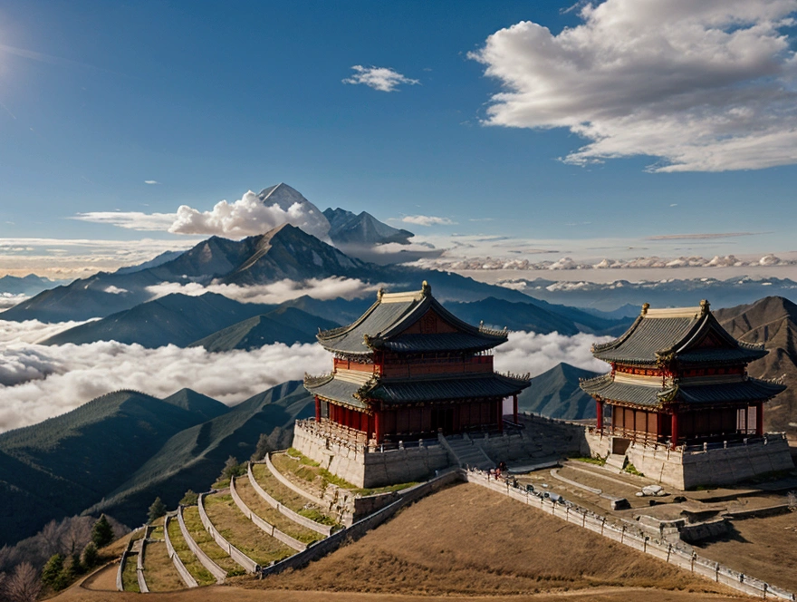 Mountains, clouds, ancient Chinese architecture, cranes